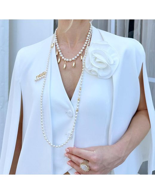 Farra White Freshwater Pearls Flower Metal Charms Statement Necklace