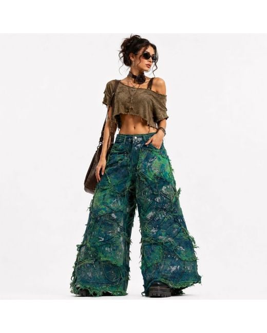Zasta Studio Green Wearable Ruins Shredded Wide Leg Colored Denim Pants C