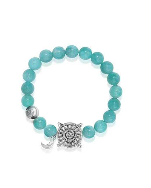 Aurozia Blue Three Charms Solar Meridian Whitegold Plated Sundial And The Sun Coin Amazonite Beaded Bracelet