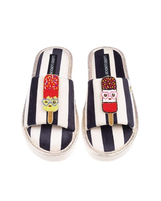 Laines London Red Flatform Stripe Open Toe Slippers With Cute Ice Lolly Brooches
