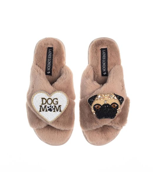 Laines London Brown Classic Laines Slippers With Franki The Fawn Pug & Dog Mum Mom Brooches