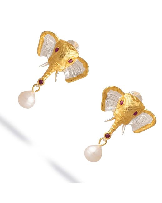 Ebru Jewelry Metallic Guardian Elephant Ruby & Pearl Earrings
