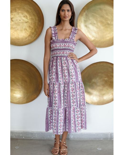 La Mandarine Purple Summer Maxi Dress With Pockets. Block Print Cotton Summer Midi Nap Dress Lila