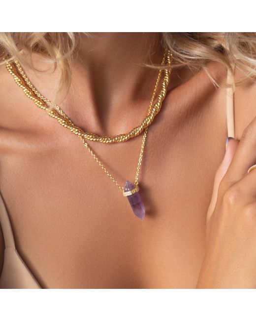 Nialaya Metallic Sterling Amethyst Crystal Necklace With Engraved Evil Eye Detail