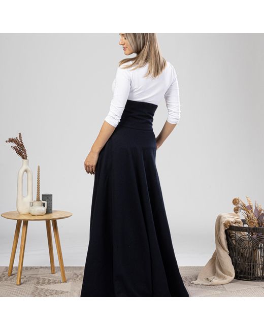 Nikka Place Blue Empire Waist Maxi Wool Skirt With Double Row Buttons
