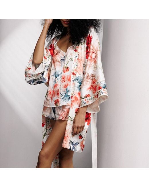Vimissia Red Blossom Serenity Short Silk Kimono Style Robe