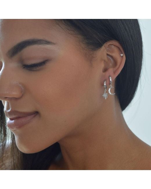 Seven Saints Metallic Moon And Star Huggie Hoop Earrings With Drop Charms, Rhodium Plated