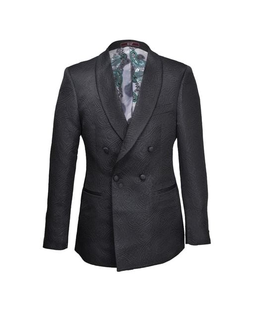 DAVID WEJ Black Kensington Double Breasted Shawl Lapel Jacquard Blazer for men