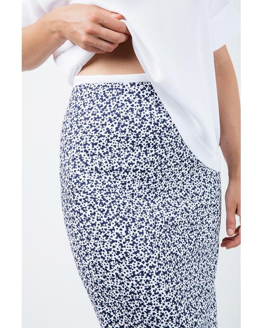 Conquista Blue Floral Pencil Skirt With Solid Colour Waistband