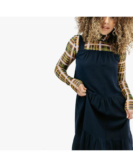 Zenzee Blue Cotton Linen Gathered Strap Tiered Dress
