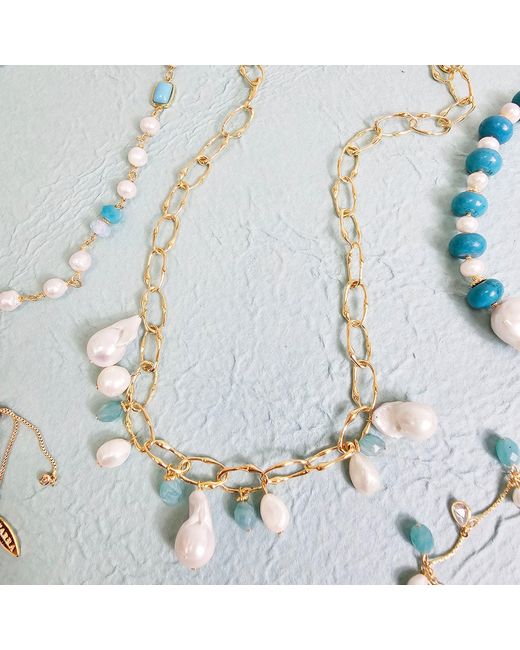 Farra Metallic Baroque Pearls With Amazonite Charm Chain Necklace