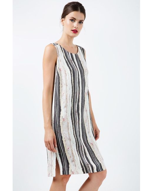 Conquista Gray Striped Straight Dress With Belt