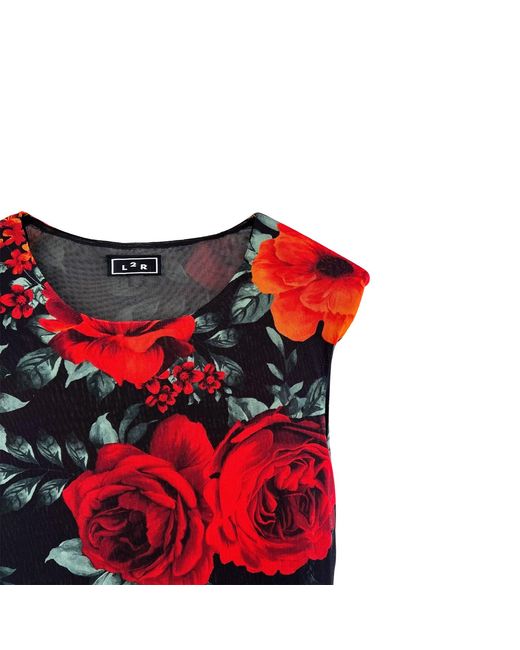 L2R THE LABEL Red Shoulder Pad Printed Mesh Dress