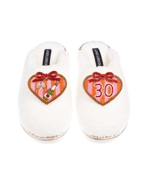 Laines London Red Neutrals Teddy Closed Toe Slippers With 30Th Stripe Heart Birthday Brooches