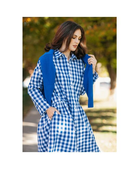 Zenzee Blue Cotton Linen Gingham Shirt Dress Cobalt