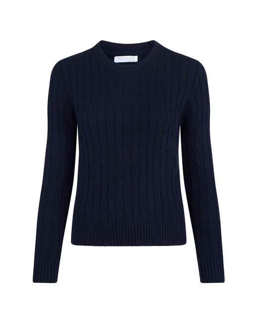 Paul James Knitwear Blue Cotton Taylor Cable Crew Neck Jumper