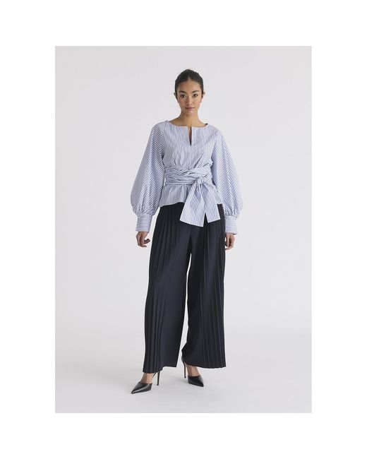 Paisie Blue Striped Volume Sleeve Blouse With Matching Belt