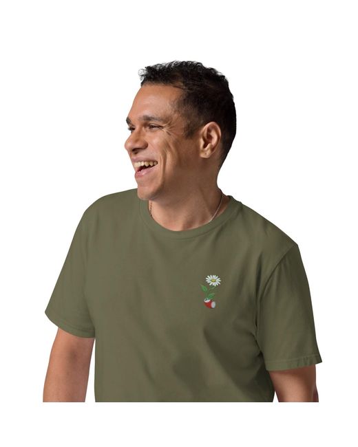 Anchor and Crew Green Khaki Daisy Garden Dystopia Organic Cotton Embroidered T-Shirt for men