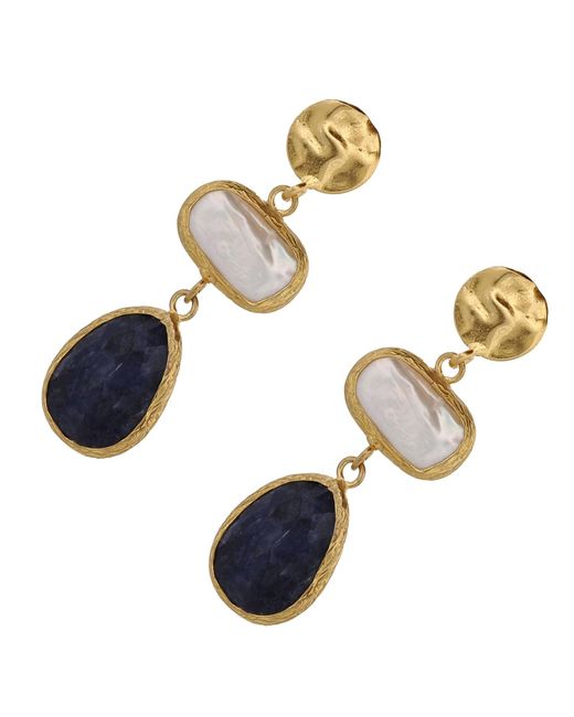 Ebru Jewelry Blue Vintage Style Pearl & Sapphire Gemstone Gold Earrings