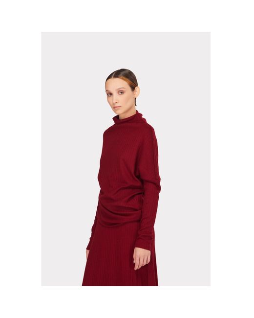 Julia Allert Red Rib Knit Suit Asymmetric Blouse & Basik Skirt Burgundy