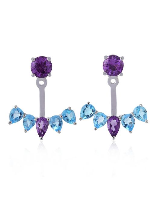 Artisan Purple Blue Topaz Amethyst Designer Ear Jackets 14k White Gold Handmade Jewelry