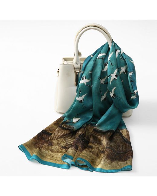 Soft Strokes Silk Green Pure Silk Scarf Ink & Colour By Zhao Ji Auspicious Crane Long
