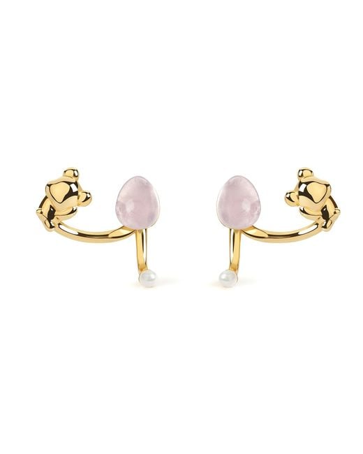 Freqnc Atelier Metallic Cuddly Bear Earrings Rose Quartz Ear Jackets