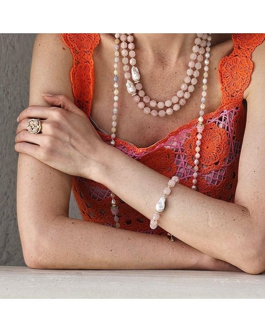Farra Metallic Faceted Rose Quartz With Baroque Pearl Bracelet