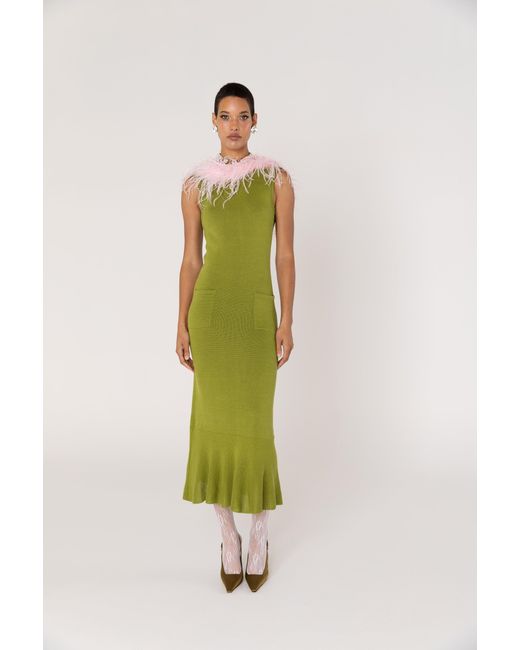 Andreeva Green Chrysanthemum Knit Dress With Real Ostrich Feathers Details