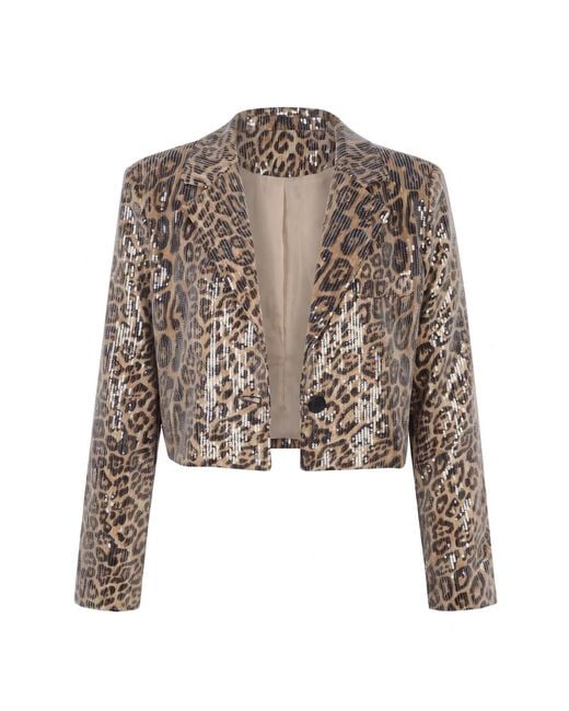 Modenaire Brown Cropped Leopard Print Sequin Blazer With Single Button Closure