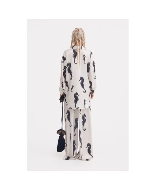 Julia Allert Gray Seahorse Print Paperbag Wide-Leg Palazzo Trousers – Ivory