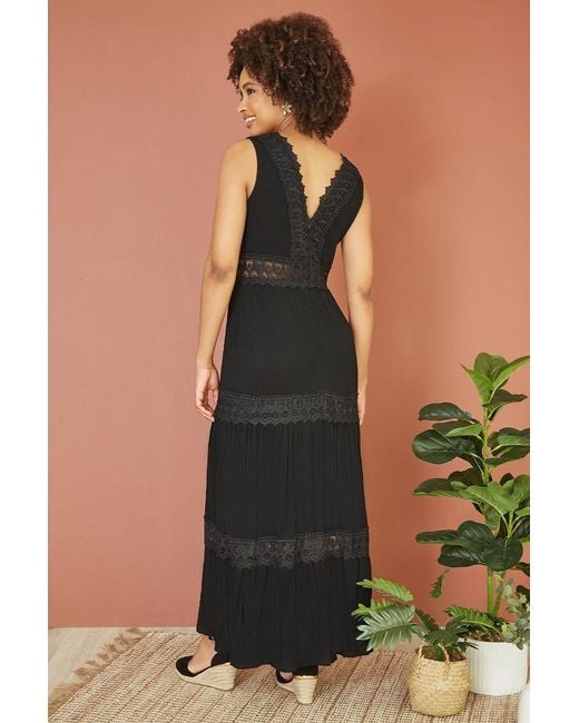 Yumi' Black Lace Trim Cotton Midi Sun Dress