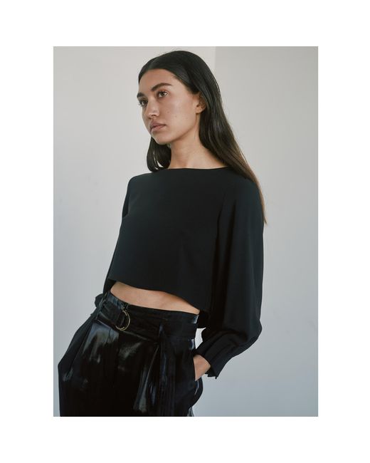 Monzlapur New York Blue Cropped Silk Top With Pleated Cuffs & Crystals