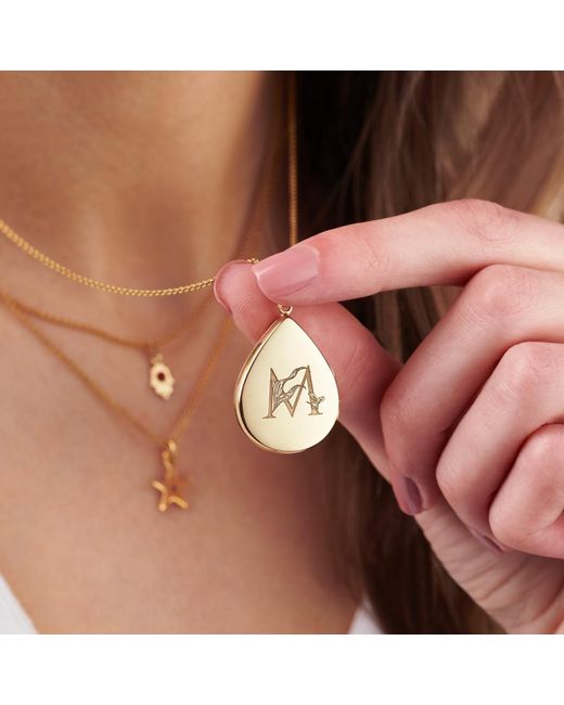 Posh Totty Designs Metallic Yellow Gold Plated Floral Engraved Initial Droplet Locket Necklace