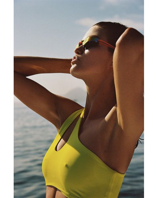 Let's Swim Yellow Teardrop Cut Out One Shoulder Bikini Top
