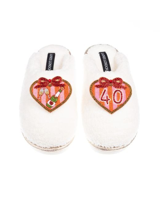 Laines London Red Neutrals Teddy Closed Toe Slippers With 40Th Stripe Heart Birthday Brooches