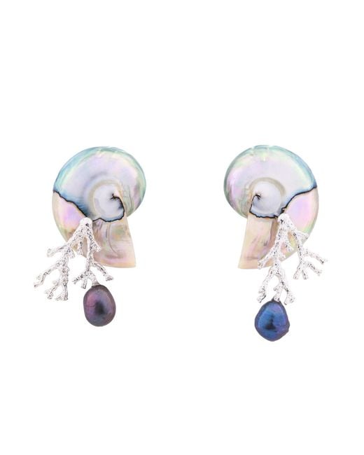 Oana Savu Metallic Nautilus Shell Sterling Coral Branch Ear Studs Earrings