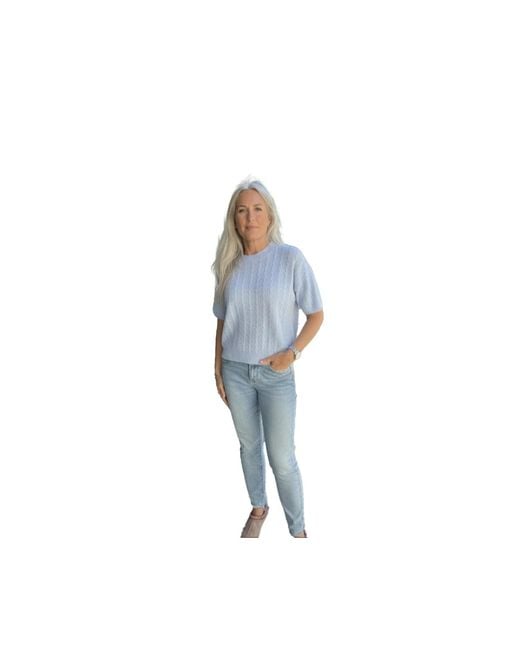 tirillm Blue Kelly Lace Knitted Cashmere Short Sleeved Pullover, Pale