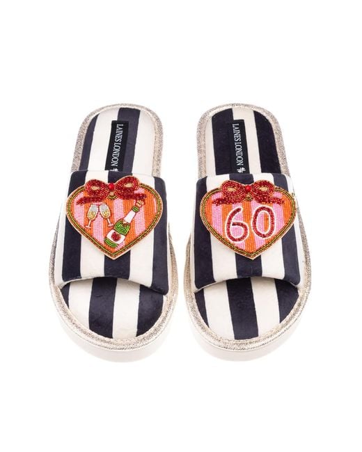 Laines London Red Flatform Stripe Open Toe Slippers With Stripe Heart 60Th Birthday Brooches