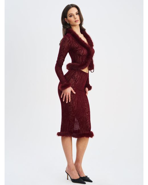 Miss Circle New York Red Hali Burgundy Animal Print Burnout Velvet Fur Trim Top