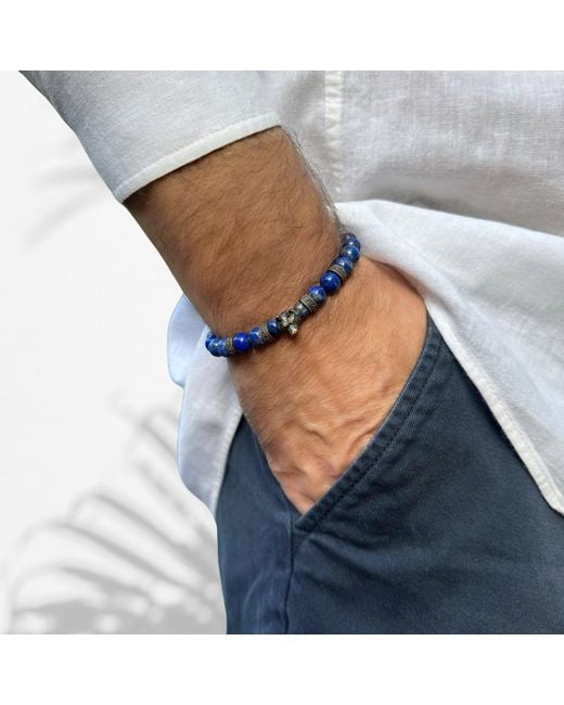 Ebru Jewelry Blue Lapis Lazuli Stone Powerful Wolf Courage Beaded Bracelet for men