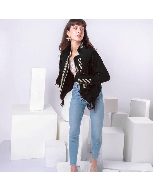 Zasta Studio Black Warrior Suede Leather Jacket With Beads & Fringes