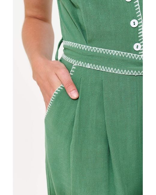 Louche Green Marleen Blanket Stitch Linen Mix Jumpsuit