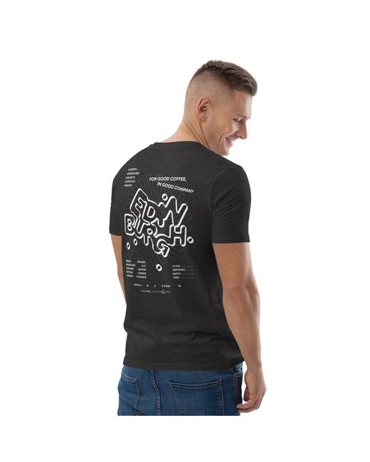 Anchor and Crew Black Dark Heather Gustatory Edinburgh Coffee Scene Organic Cotton Embroidered T-Shirt for men