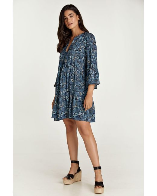 Conquista Blue Paisley Print A Line Dress