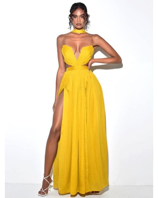 Miss Circle New York Yellow Xella Pleated Chiffon Maxi Dress