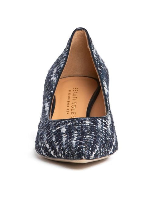 Beautiisoles by Robyn Shreiber Made in Italy Blue Corina Leather & Tweed Pump With Block Heel For Work& Evening