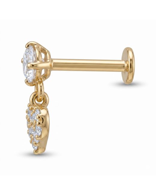 Zahav Jewelry Metallic 14K Solid 18G 8Mm Dangle Heart With Round Cz Internally Threaded Flat Back Stud