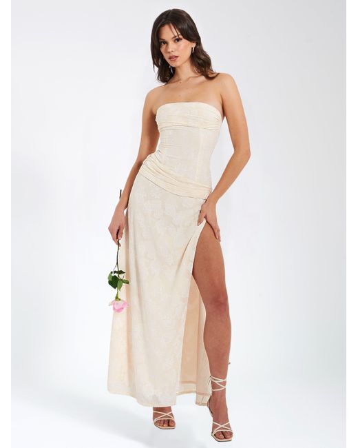 Miss Circle New York White Neutrals Xatia Off Jacquard Textured High Slit Maxi Dress