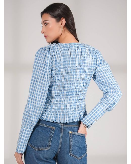 Rose & Nancy Blue Mary Cotton Gingham Check Smocked Blouse